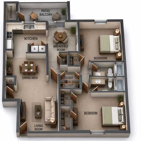 Floor plan for 2 beds, 2 baths, 1250 sqft